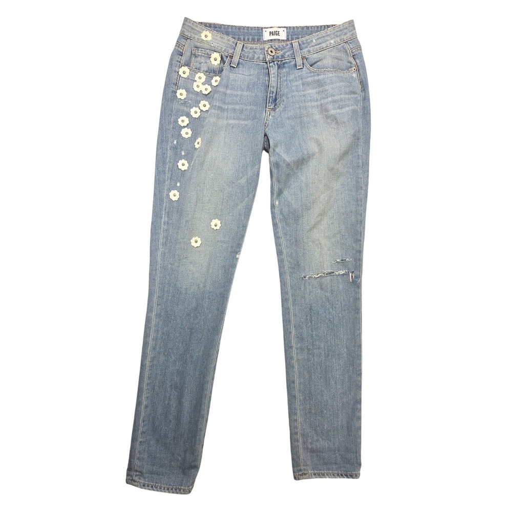 Paige Denim Light Blue Low Rise Straight Distressed Jean Pant Floral Women 27